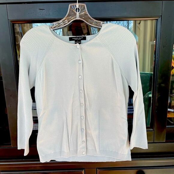 August Silk sportswear sky blue ladies button-up cardigan sweater, large - Picture 3 of 5